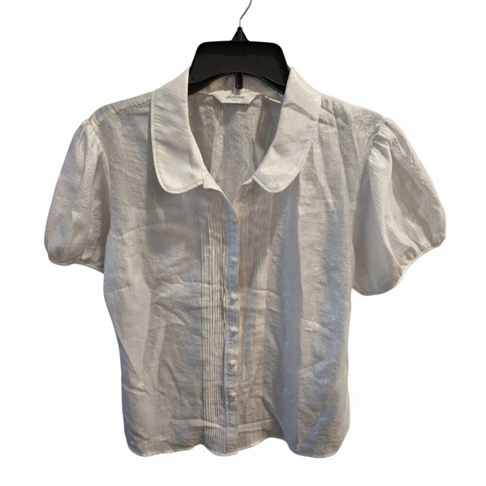 Liz Claiborne White Silk Blend Blouse Womens XL Metallic Peter Pan Collar Coquet